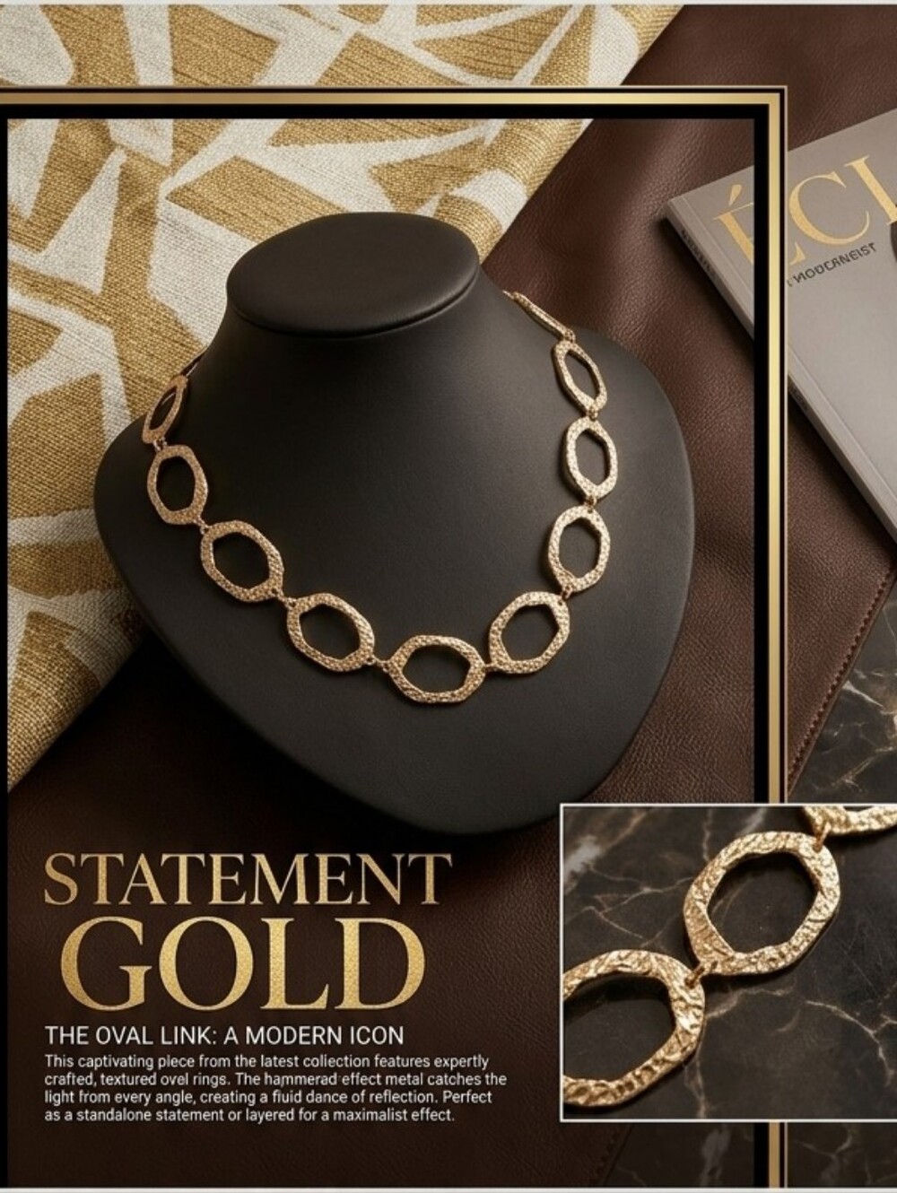 Dorothy's Women 's Gold Texture Metal Oval Ring Link Necklance